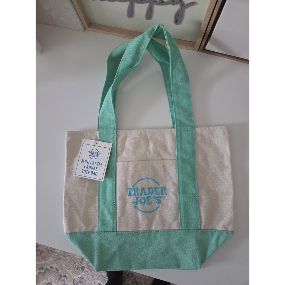 Trader Joe's Mini Pastel Canvas Tote Bag Mint Green Cream Limited Edition NWT